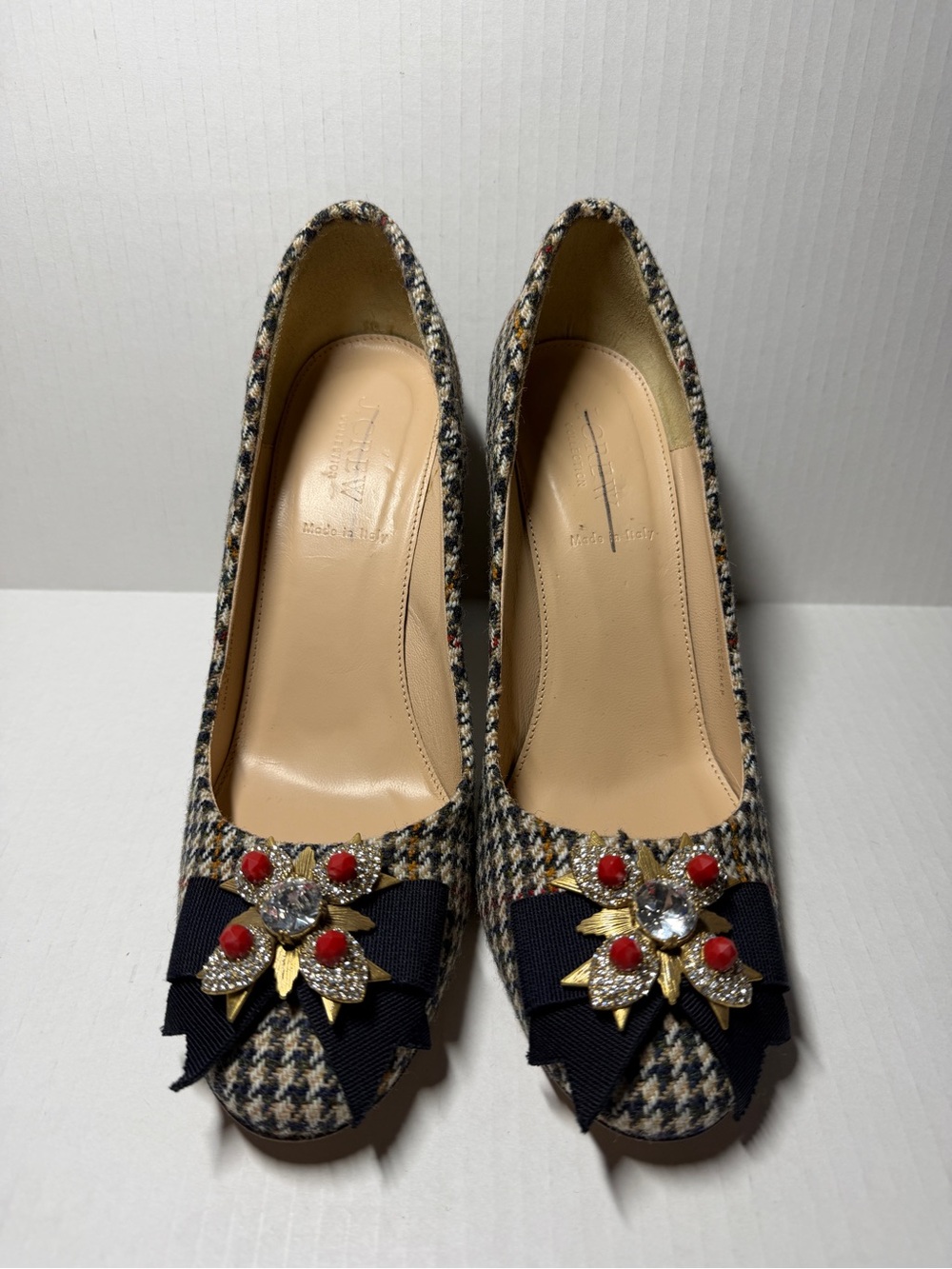 New J. Crew Collection Lena Jeweled Tweed Pumps Sz 8.5 Mustard Camel F5589 $298